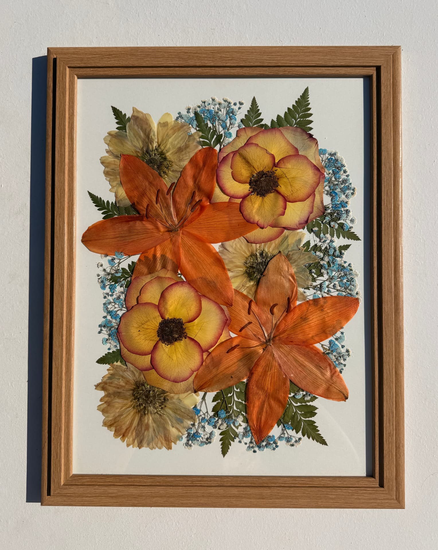 Pressed orange lilies, yellow roses, daisies and blue gypsophila on ivory paper in a light oak frame